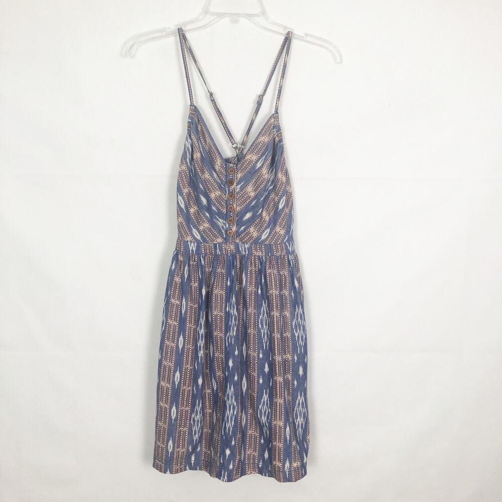 Ecote V-Neck 1/2 Button Blue/Brown Dress Sleeveless Boho Size Medium